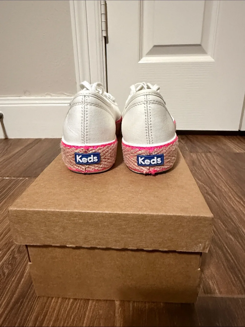 Keds White Platform Espadrilles with Bright Pink Trim